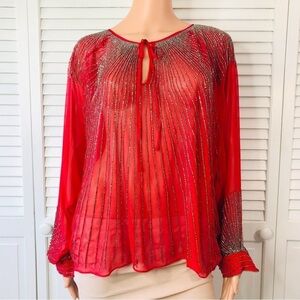 PARKER Red Hand Beaded Boho Dolmas Sleeve Sheer Blouse Size Small